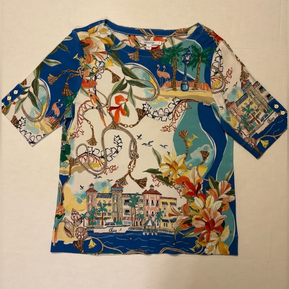 Chico’s tropical palm trees flamingo print 100% cotton short sleeve blouse L NWT